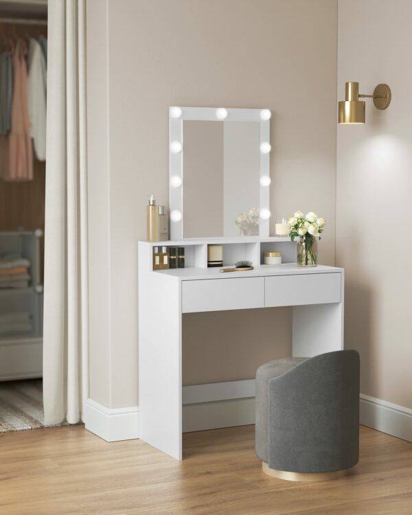 VASAGLE Dressing Table, LED Lights with Adjustable Brightness, Vanity Table with Mirror, 2 Drawers and 3 Compartments, Makeup Table, Modern, White RDT194T14