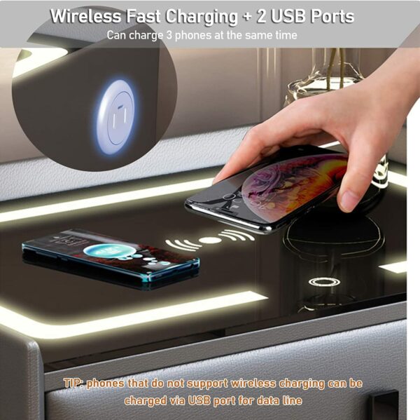 Baubuy Smart Nightstand Wireless Charging Station Bluetooth Speaker Fingerprint Lock 2 Drawers Bedside Table Modern Bedroom Bedside Locker