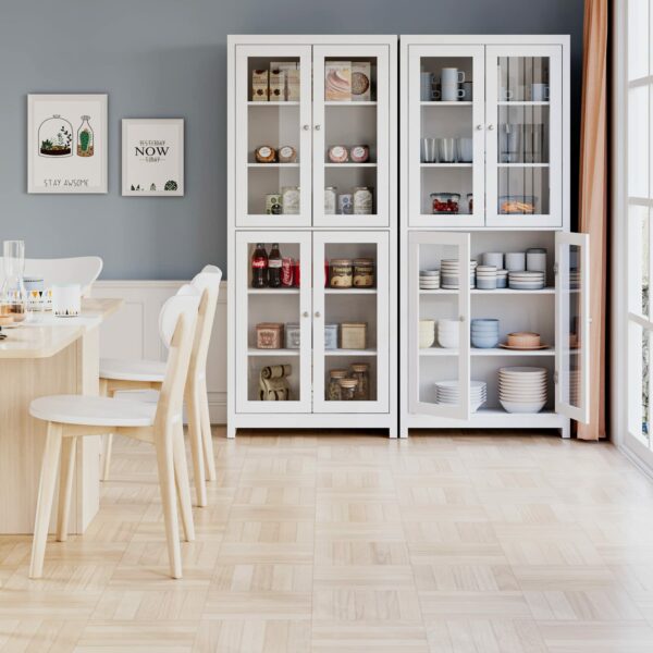 FOREHILL 190cm Display Cabinet with 4 Glass Doors Tall Bookcase Kitchen Cupboard Sideboard Storage Cabinet Living Room White