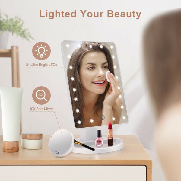 FASCINATE Makeup Vanity Mirror with Lights and Detachable 10X Magnification, 21 Led Lights Adjustable Dimming Touch Sensor, Dual Power Supply, 180° Rotation, Portable Cosmetic Mirror