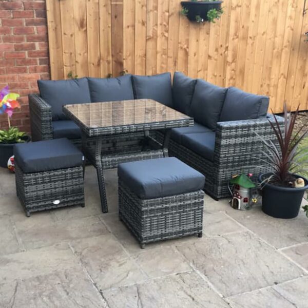 Club Rattan Garden Furniture Lille 7-seater Compact Corner Sofa with Dining Table and 2 Stools in Grey Rattan