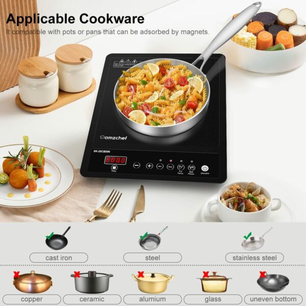 AMZCHEF Single Induction Hob, Portable Induction Hob, 10 Temperature Settings and Power levels from 300W to 2000W, Black Frosted Glass Panel,Sensitive Press Control, 3-hour Timer