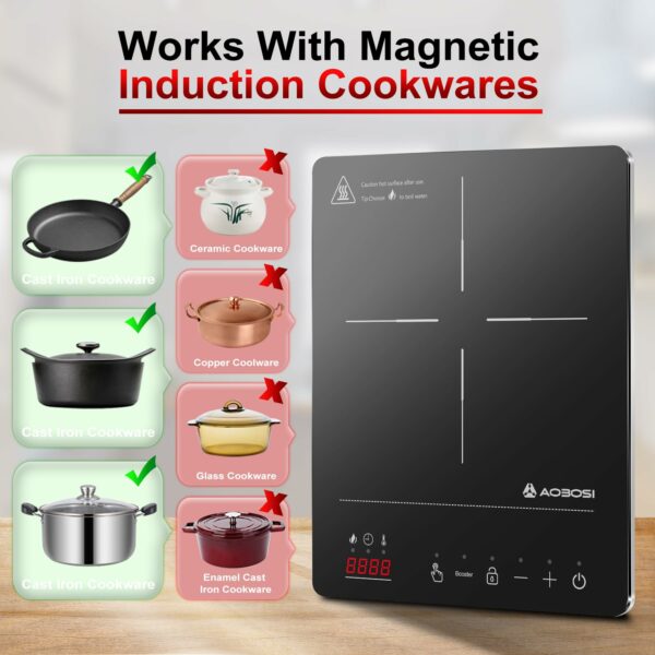 Aobosi Induction Hob,Single Induction Cooker with Portable Ultra-thin Body(32 * 26 * 4.2),20 Power and Temperature levels,Booster Function 2000W,Safety Lock,10H Timer