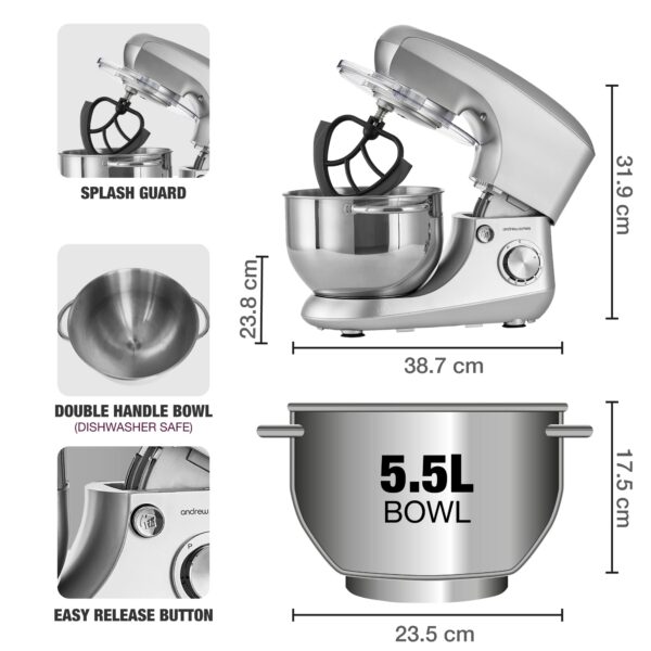 Andrew James Stand Mixer for Baking Food Mixer | 1300W Max | Large 5.5 Litre Bowl 6 Speed Pulse Mode | Kitchen Cake Mixers | Flexi-Beater Dough Hook Balloon Whisk Removable Splash Guard