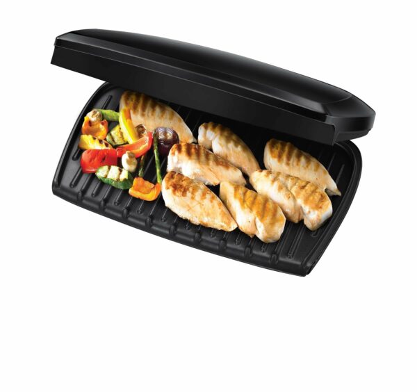 George Foreman Large Electric Grill [Non stick, Healthy, Griddle, Toastie, Hot plate, Panini, BBQ, Energy saving, Vertical storage, Easy clean, Drip tray, Ready to cook light] Black, 2400W 23440