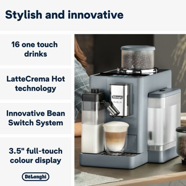 De'Longhi Rivelia EXAM440.55.G, Fully Automatic Coffee Machine with LatteCrema Hot, Automatic Milk Frother, Compact Size Bean to Cup Coffee Machine, 16 Recipes, Full Touch Colored Display, Pebble Grey