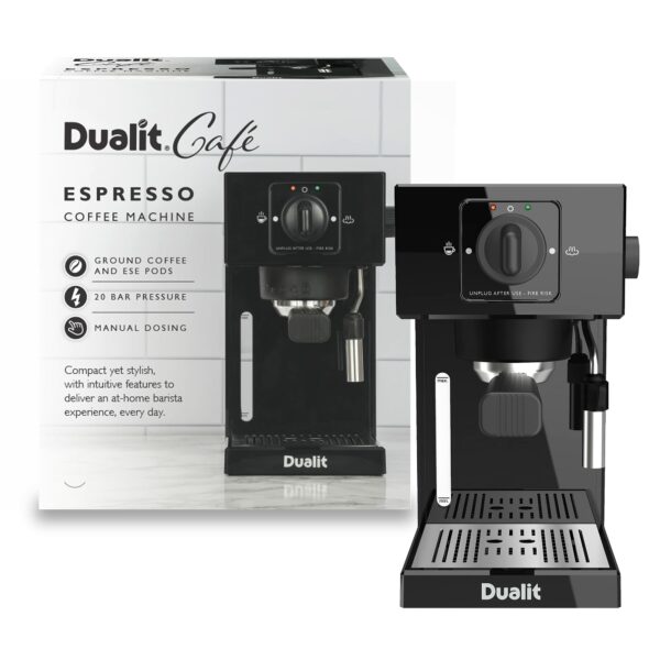 Dualit Espresso Coffee Machine | 1.4L Capacity | Black | Manual Dosing Coffee Maker| Filter Holder, Frother & Water Softener Bag Included | 84470