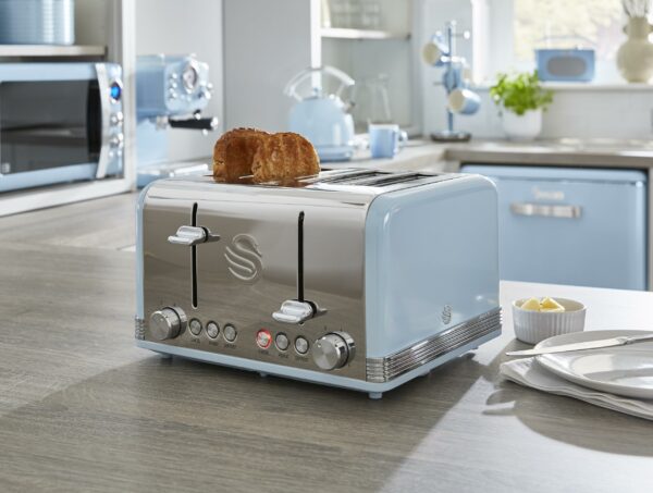 Swan ST19020BLN Retro 4-Slice Toaster with Defost/Reheat/Cancle Functions, Cord Storage, 1600W, Retro Blue