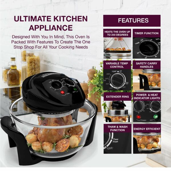 Andrew James Halogen Oven Cooker 12l – 17l 1400W | Glass Air Fryer with Turbo Wash and Included Accessories | Halogen Oven Cooker with Extender Ring & Replacement bulb (BLACK)