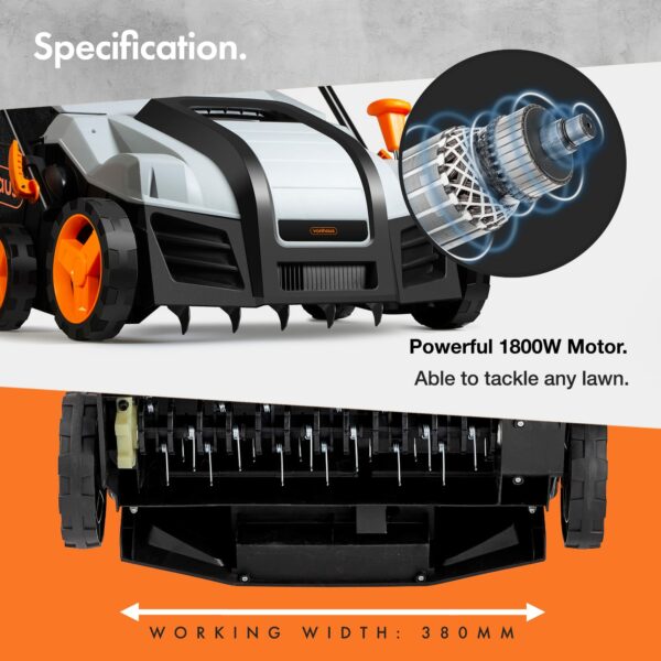 VonHaus Lawn Scarifier, Grass Rake, Aerator 1800W – Electric, 10m Cable, 55L Collection Box, 5 Depth Settings, 38cm Working Width