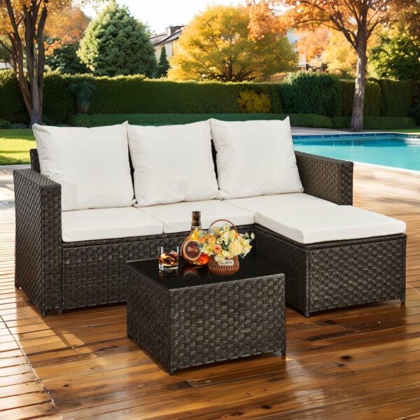 AOUXIN 3 Piece Rattan Garden Furniture Set, Outdoor Sectional Sofa with Coffee Table, Black Wicker, White Cushions
