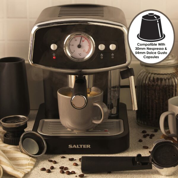 Salter EK4620 3 in 1 Barista Deluxe Coffee Machine,Compatible with 30/54 mm Capsules and Ground Coffee,Espresso and Cappuccino Maker with Milk Frothing Wand, 19-Bar Italian Pressure Pump,1050 W,Black