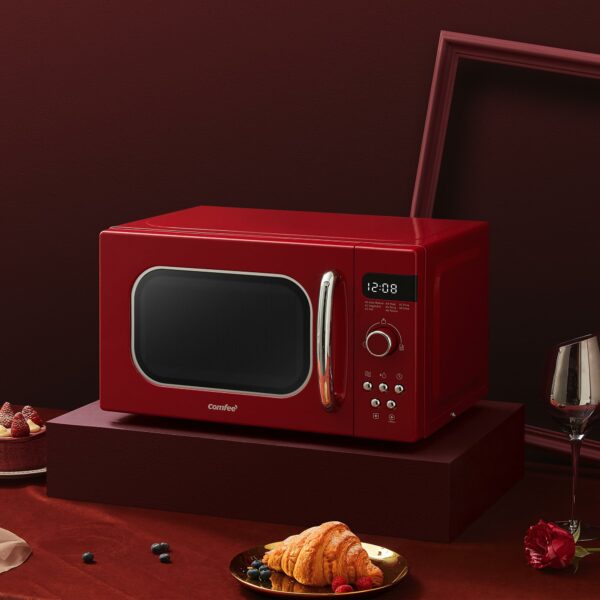COMFEE' Retro Style 800w 20L Microwave Oven with 8 Auto Menus, 5 Cooking Power Levels, and Express Cook Button - Passionate Red - CM-M202RAF(RD)