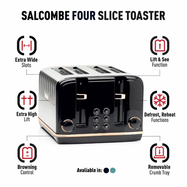 Haden Salcombe Black 4 Slice Toaster - Dual Browning Control, Retro Design, Wide Slot Toaster - Stainless Steel Housing