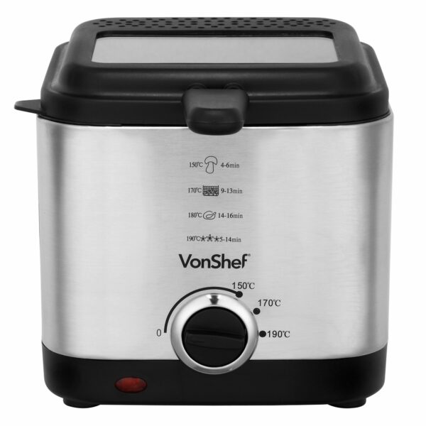 VonShef Deep Fat Fryer- Stainless Steel 1.5L Fryer with Easy to Use Adjustable Temperature Control, Indicator Lights, Observation Window, Non-Stick Removable Basket for Easy Clean & Non-Slip Feet