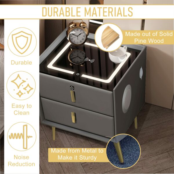 Smart Bedside Table With Smart Fingerprint Lock, 5.0 Bluetooth Speakers, 2 Drawers, Double-Layer Countertop & Built-in Three-Tone Lights, Smart Bedroom Nightstand with Wireless Charging