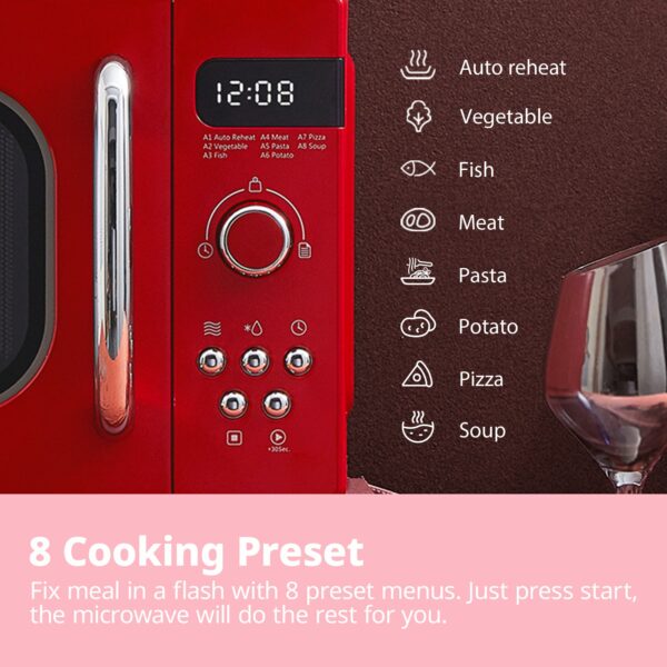 COMFEE' Retro Style 800w 20L Microwave Oven with 8 Auto Menus, 5 Cooking Power Levels, and Express Cook Button - Passionate Red - CM-M202RAF(RD)