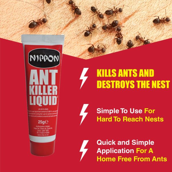 Nippon Ant Killer Liquid Insect Control, Suitable For Use Indoors And Outdoors, Kills Ants & Their Entire Colony, Usable With Bait Station Or Standalone - 25G