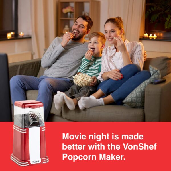 VonShef Popcorn Machine Retro – 1200W Air Popcorn Maker with Hot Air Circulation, One Touch Operation Movie Night Accessories, Healthy & Oil Free Snack Maker for Kids with 6 Boxes – Red