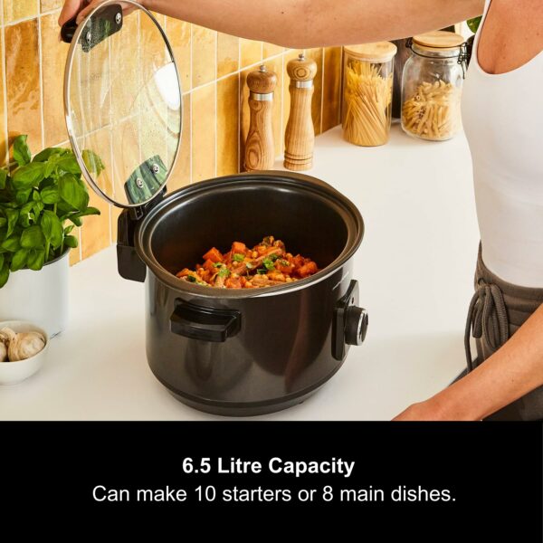Morphy Richards 6.5L Sear and Stew Slow Cooker with Detachable Hinged lid, Shatter Resistant Aluminium Pot, 3 Heat Settings, Hob Proof, Easy Clean, 163W, Black, 461020