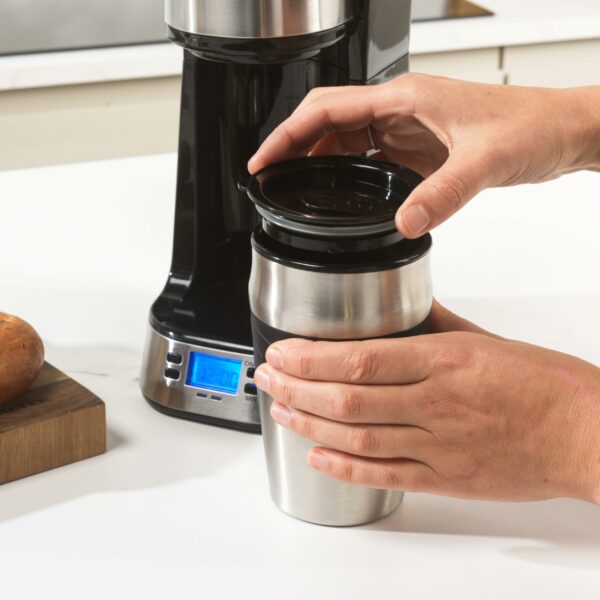 Salter Digital Coffee Maker – One Cup Filter Coffee Machine, Washable & Reusable Filter, Includes 420ml Stainless Steel Travel Mug, 3-4 Minutes Brewing, Suitable For Ground Coffee / Pads, Timer, 750W