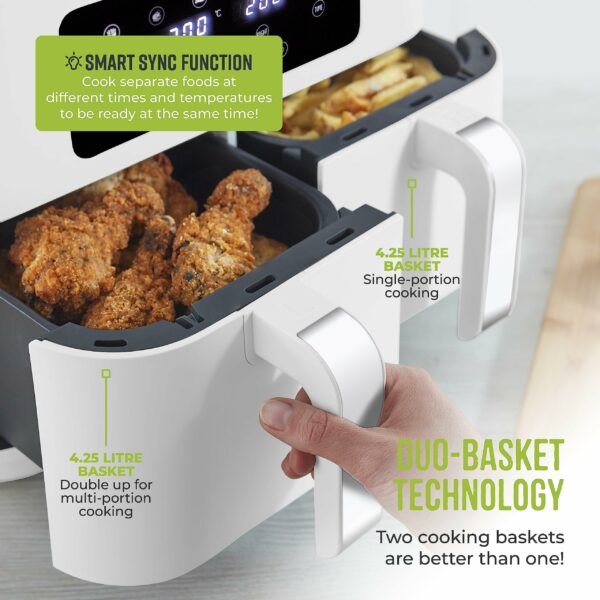 Tower T17137WHT Vortx 8.5L Dual Basket Air Fryer with Dual Cook Function, 2400W, White & Chrome