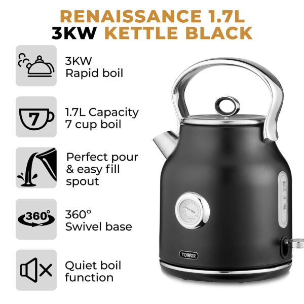 Tower T10063BLK Renaissance Kettle, Quick Boil, 360° Base, 1.7L, 3KW, Black