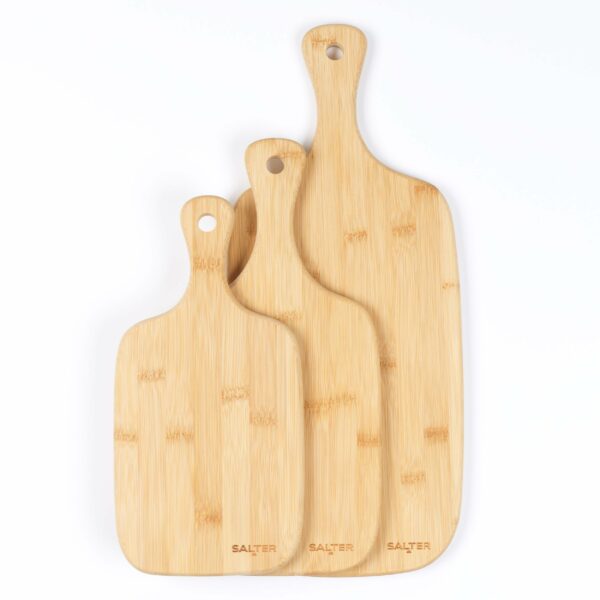 Salter Wooden Chopping Boards - 3 Piece Bamboo Chopping Board Set - 30cm, 35cm, 45cm, Chop, Cut & Carve Meat, Vegetables, Cheese & Bread, Protects Worktops, Paddle Handles With Hooks, BW06732EU7