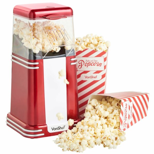 VonShef Popcorn Machine Retro – 1200W Air Popcorn Maker with Hot Air Circulation, One Touch Operation Movie Night Accessories, Healthy & Oil Free Snack Maker for Kids with 6 Boxes – Red