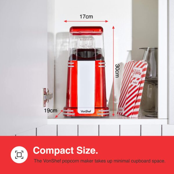 VonShef Popcorn Machine Retro – 1200W Air Popcorn Maker with Hot Air Circulation, One Touch Operation Movie Night Accessories, Healthy & Oil Free Snack Maker for Kids with 6 Boxes – Red