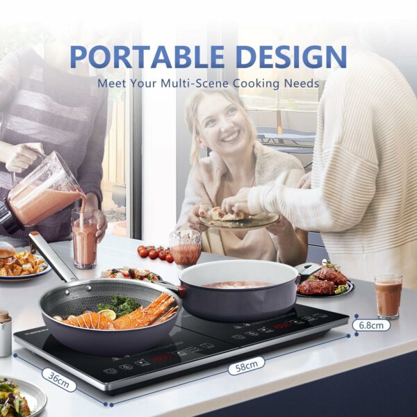 AMZCHEF Double Induction Hob, Induction Cooker with Portable Ultra-thin Body, Independent Control,10 Temperature, Multiple Power Levels, 2800W, 3-Hour Timer, Safety Lock