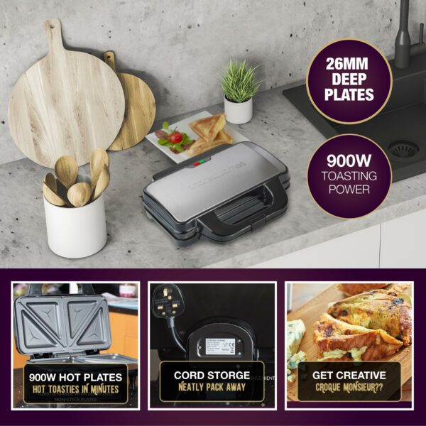 Andrew James Electric Deep Fill Toasted Sandwich Maker Grill, 4 Slice Triangle Press with Cool Touch Handle, Non-Stick Plates for Thick Cheese Toasties, 900W, For Large Deep Filled Toasted Sandwiches