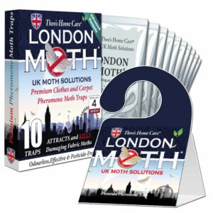 LONDON MOTH KILLER 10 (TEN) Premium Sticky Pheromone Moth Traps for the Common Clothes Moth and Similar Variants, for Wardrobes, Clothes and Carpets. inc. eBook