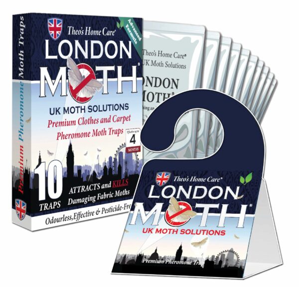 LONDON MOTH KILLER 10 (TEN) Premium Sticky Pheromone Moth Traps for the Common Clothes Moth and Similar Variants, for Wardrobes, Clothes and Carpets. inc. eBook