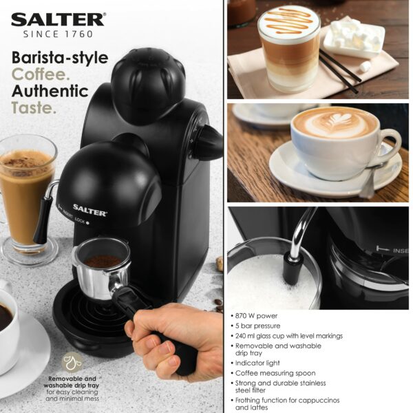 Salter EK3131 Espressimo Coffee Machine – 4-Shot Espresso Maker, Milk Frothing Wand, Includes 240 ml Glass Carafe, Barista Style Latte And Cappuccino, 5-Bar Pressure, Stainless Steel Filter, 870W