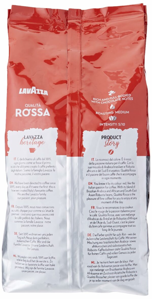 Lavazza Qualita Rossa Coffee Beans with Aromatic Notes of Chocolate and Dried Fruit, Arabica and Robusta, Intensity 5/10, Medium Roasting, 1 Kg