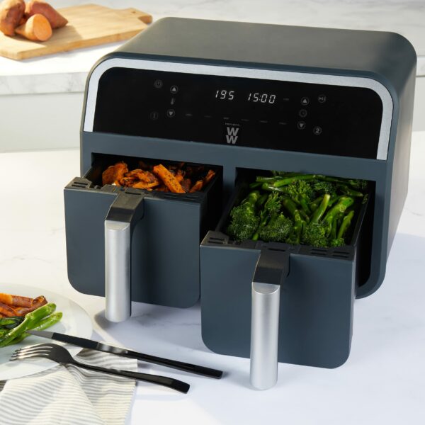 PROGRESS by WW EK5315WW 7.4 L Dual Air Fryer, Family Sized, Healthier Cooking, Digital LED Display, 6 Cooking Functions, Sync/Match Cook, Removable Non-Stick Trays, 2400 W