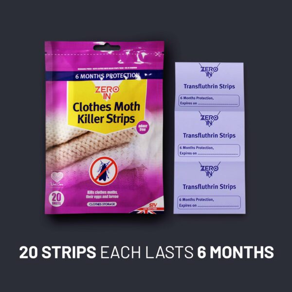 Zero In Clothes Moth Killer Strip s – 20-Pack. Place in Wardrobes, Cupboards and Drawers to Kill Clothes Moths, Eggs, and Larvae. Fragranced