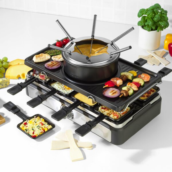 Salter EK4513 Electric Raclette Grill & Fondue - 2 In 1 Indoor Grill, 1.3L Chocolate Melting Pot, 6 Forks, Cheese Fondue Set, Adjustable Temperature Control, 8 Non-Stick Pans & Wooden Spatulas, 1400W