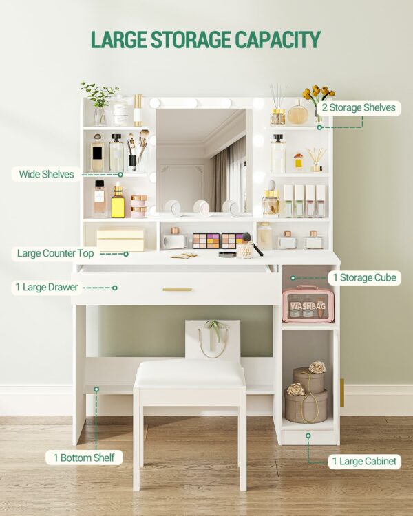 Hzuaneri Dressing Table, Large Tabletop with Mirror, LED Light with Adjustable Brightness, Organiser Drawers and Storage Cabinets, Open Shelves, for Bedroom, Cloakroom, White DT19903XUK