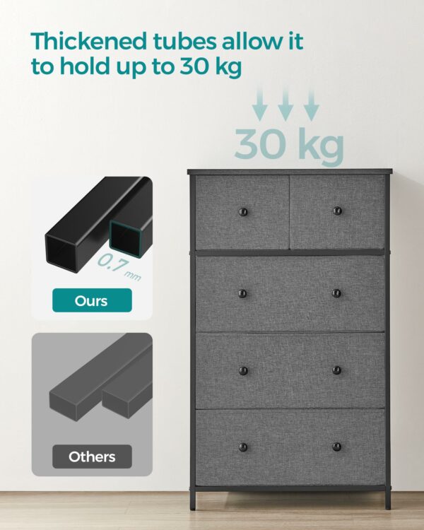 SONGMICS Chest of Drawers, Fabric 5-Drawer Storage Organiser Unit, Dresser, for Living Room, Hallway, Nursery, Grey and Black with Wood Grain LTS514G22