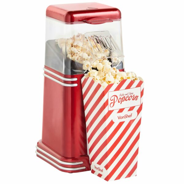 VonShef Popcorn Machine Retro – 1200W Air Popcorn Maker with Hot Air Circulation, One Touch Operation Movie Night Accessories, Healthy & Oil Free Snack Maker for Kids with 6 Boxes – Red