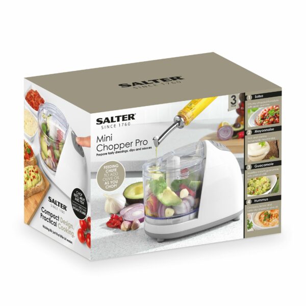 Salter EK2182 Electric Mini Food Chopper – 350ml Food Processor, Oil Drizzle Hole, Easy Food Prep, Dice Fruit/Vegetables/Onions, BPA-Free Dishwasher Safe Bowl, Stainless Steel Blades, One Touch, 150W