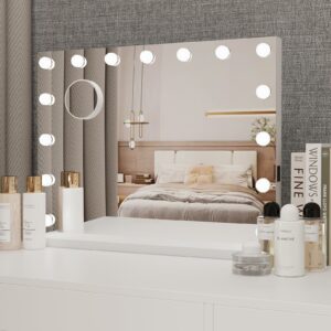 YOURLITE Hollywood Vanity Mirror with Lights, 58×45cm Lighted Makeup Mirror with 15 Dimmable Led Bulbs, 3 Lighting Modes, Touch Screen Control, Tabletop and Wall Mounted for Bedroom
