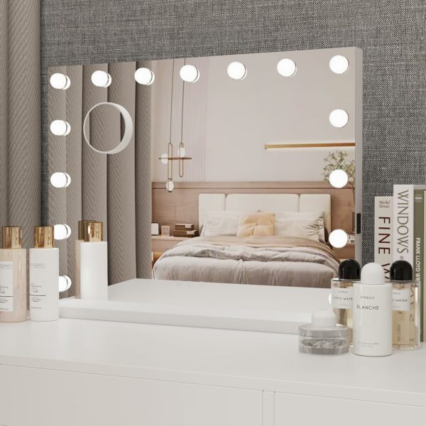 YOURLITE Hollywood Vanity Mirror with Lights, 58×45cm Lighted Makeup Mirror with 15 Dimmable Led Bulbs, 3 Lighting Modes, Touch Screen Control, Tabletop and Wall Mounted for Bedroom