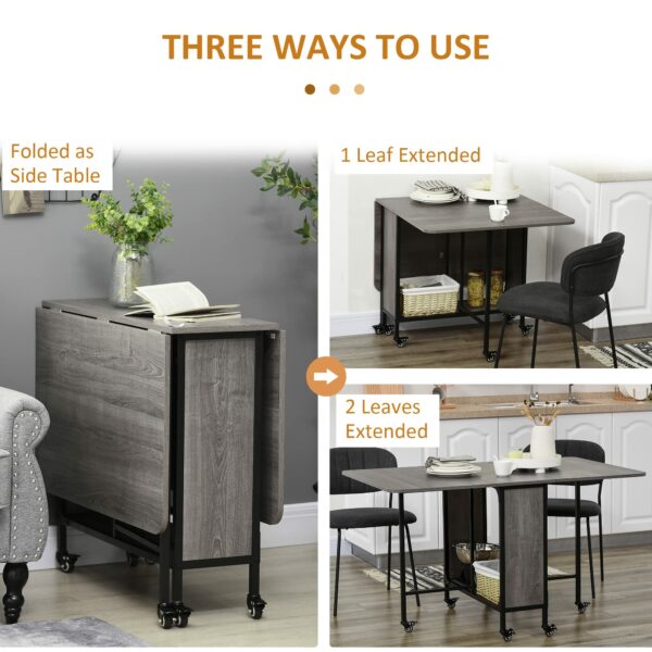 Homcom Mobile Drop Leaf Table, Folding Dining Table with 6 Wheels Storage Shelf for Small Spaces, Kitchen, Dining Room, Grey
