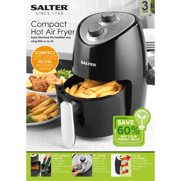 Salter Compact Air Fryer EK2817 2L - Hot Air Circulation, Removable Non-Stick Cooking Rack