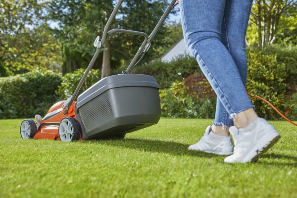 Flymo EasiStore 340R Electric Rotary Lawn Mower - 34 cm Cutting Width, 35 Litre Grass Box, Close Edge Cutting, Rear Roller, Central Height Adjust , Space Saving Storage Features