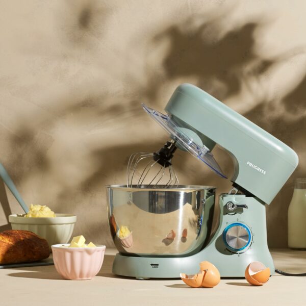 Progress EK5234PTEAL Go Bake Stand Mixer- Large Electric Whisk with 4L Stainless Steel Bowl, 8 Speeds and Pulse Function, Mixing Beater, Dough Hook, and Whisk Attachments, Splash Guard, 1300W, Teal