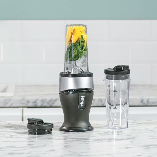Ninja 700 W Slim Blender & Smoothie Maker, 2 x 470 ml cups with spout lids, personal blender, crush ice & frozen fruit, silver/black, QB3001UKS